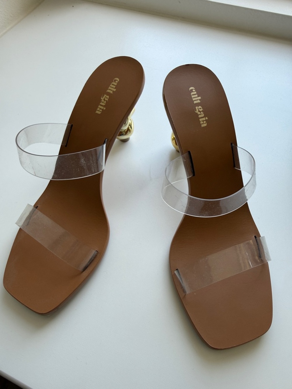 Cult Gaia Clear Strap Brown Slide Sandals with Gold Accent Heel